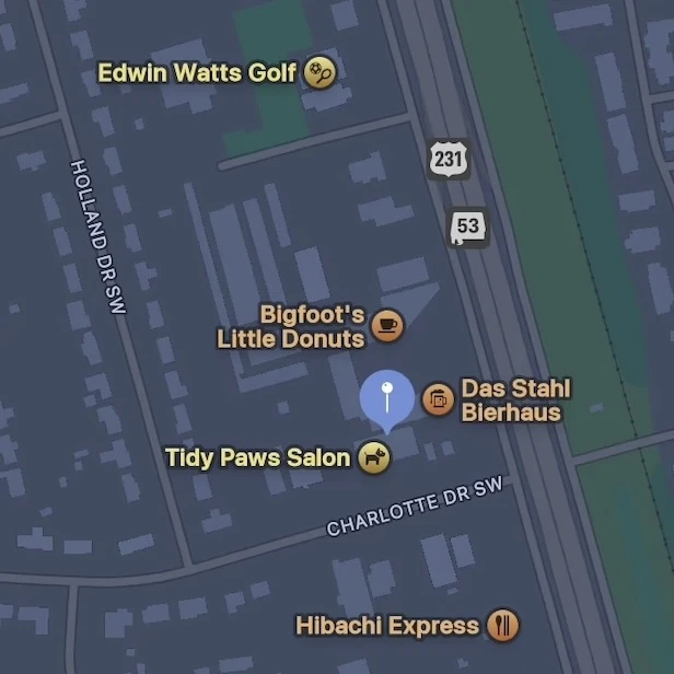 Map shows Huntsville Violins located on Charlotte Ave off of Memorial Parkway